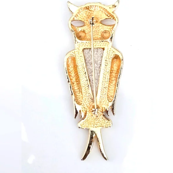 Vintage Goldtone Owl Brooch Leather Accent - Picture 8 of 9